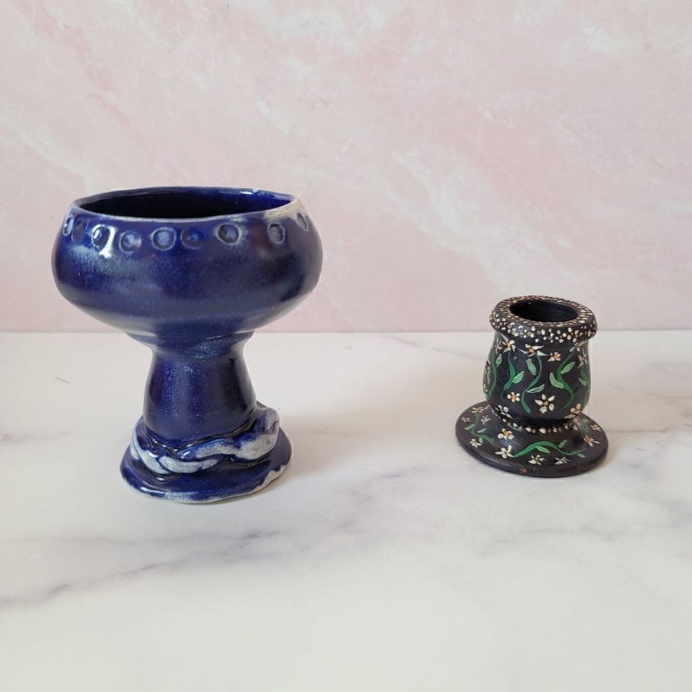 Navy blue goblet Indiana Jones style wooden ethnic candlestick holder low black